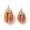 Natural Cowrie Shell Pendants, Copper Wire Wrapped Shell Shaped Charms, Real 18K Gold Plated, Chocolate, 24.5~29.5x12.5~14.5x9~11.5mm, Hole: 2mm