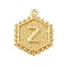Brass Pendants, Hexagon Letter Charms, Letter Z, 20x16x2.5mm, Hole: 1.5mm